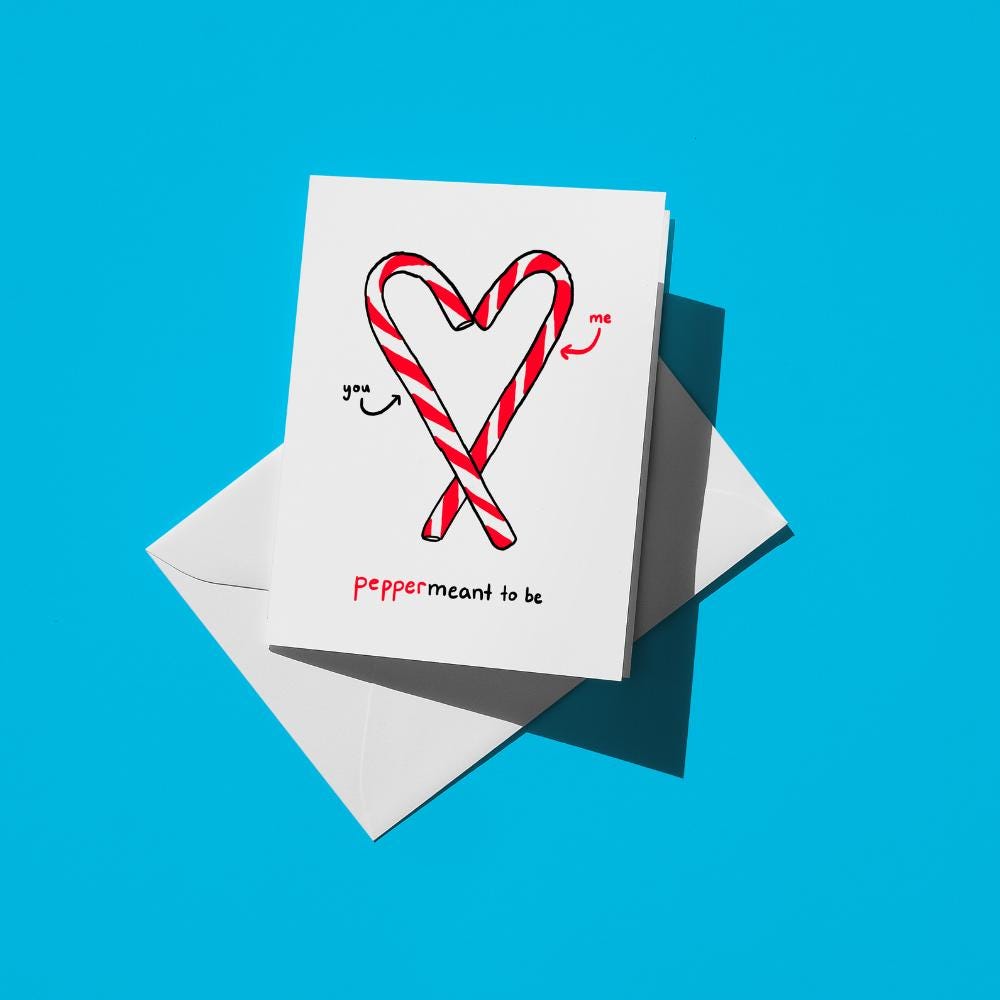 Two candy canes forming a heart, with text reading "peppermeant to be"