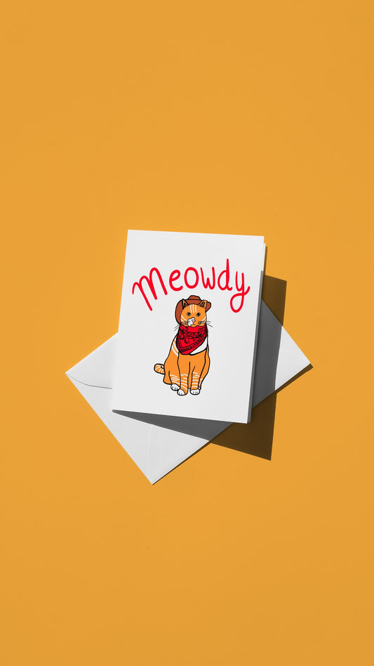 Hand-drawn illustration of Gussy the cat wearing a cowboy hat and bandanna with the message "Meowdy"