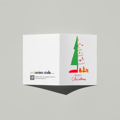 Minimalist Christmas Tree card standing open, showing the front artwork and the Semiserious Studio logo on the back