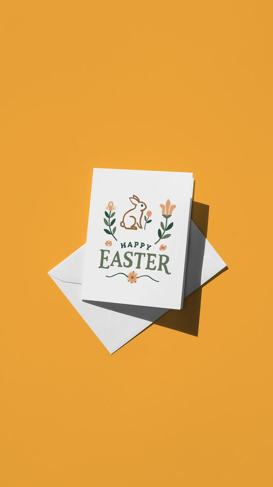 Hand-drawn illustration of the Easter Bunny in a pastel dress, carrying an easter basket, and surrounded by easter eggs with