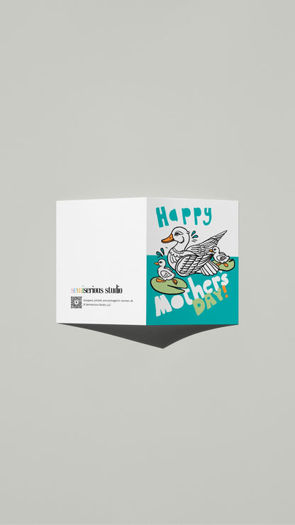 Mother Duck & Ducklings Mother's Day card standing open, showing the front artwork and the Semiserious Studio logo on the