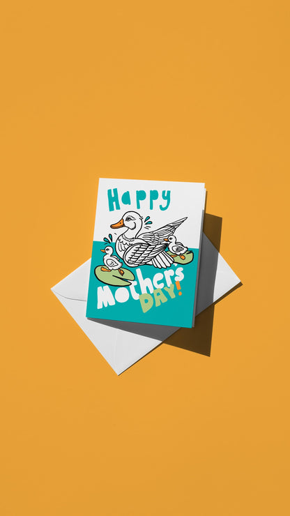 Hand-drawn illustration of a mother duck and duckling with the message "Happy Mother's Day!"