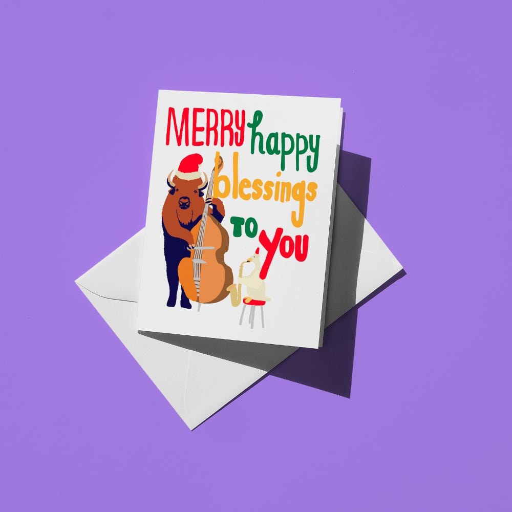 Bison playing a double bass, with text reading "Merry happy blessings to you"
