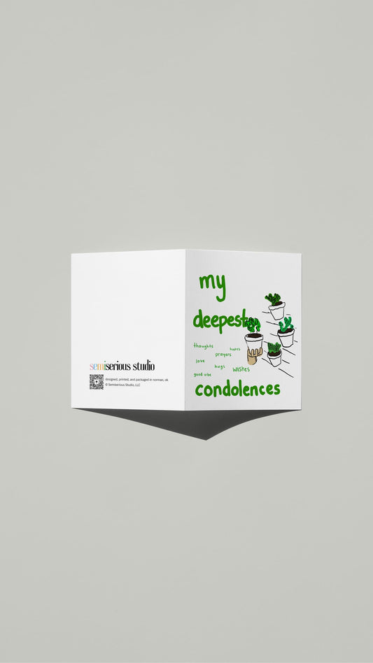 My Deepest Condolences Sympathy card standing open, showing the front artwork and the Semiserious Studio logo on the back