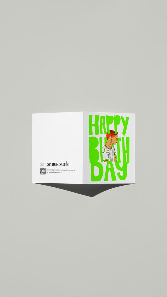 Neon Green Boy Birthday card standing open, showing the front artwork and the Semiserious Studio logo on the back