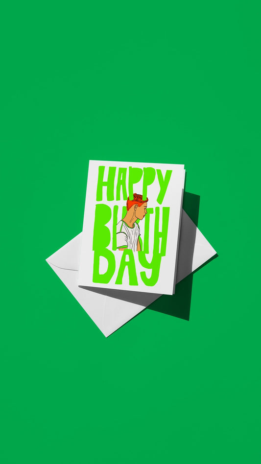 Hand-drawn illustration of a boy with the message "HAPPY BIRTHDAY" in neon green