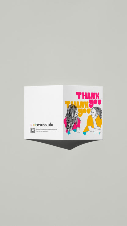 Neon Thank You card standing open, showing the front artwork and the Semiserious Studio logo on the back