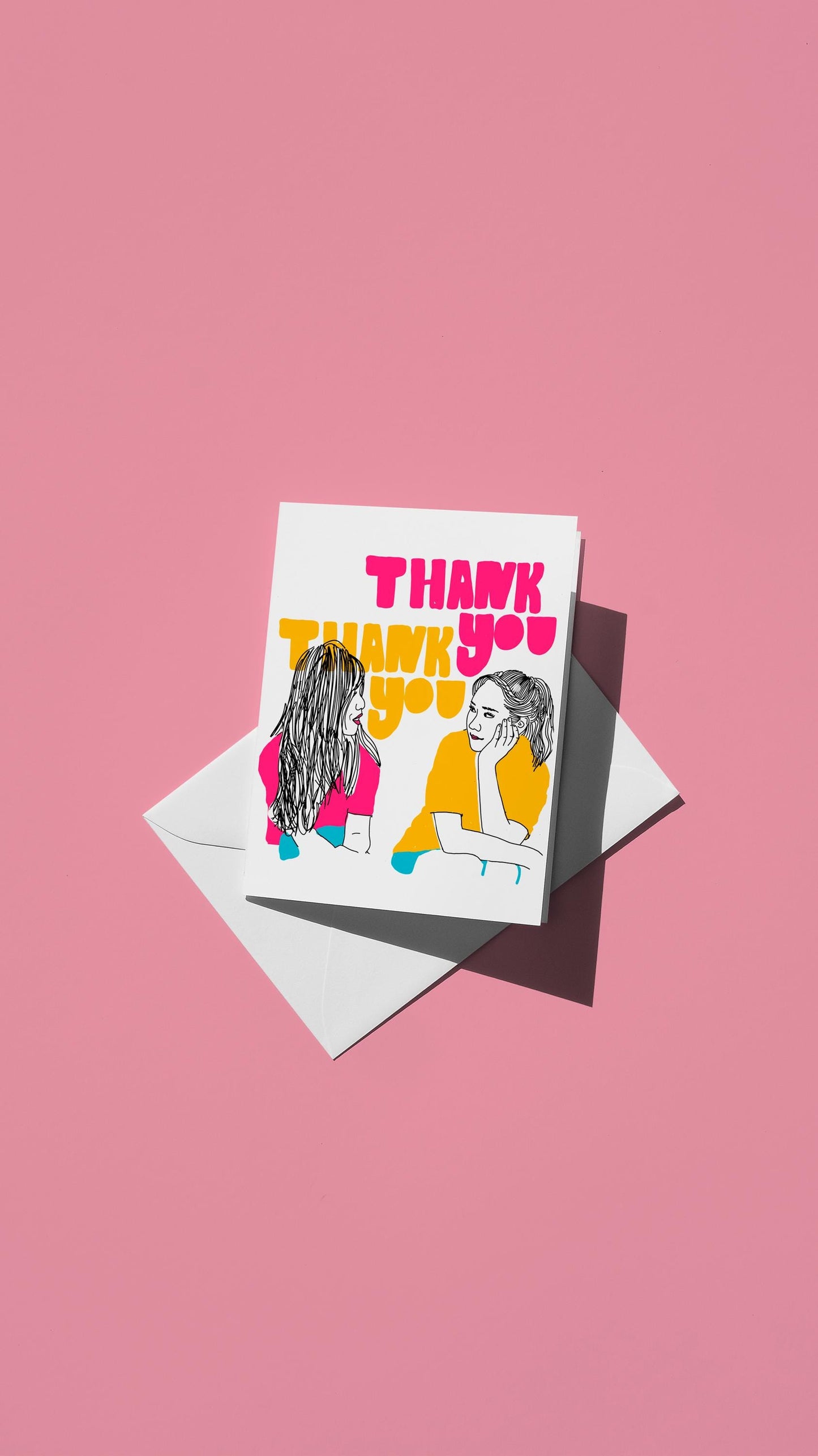 Hand-drawn illustration of two women looking at each other with the message "THANK YOU THANK YOU"