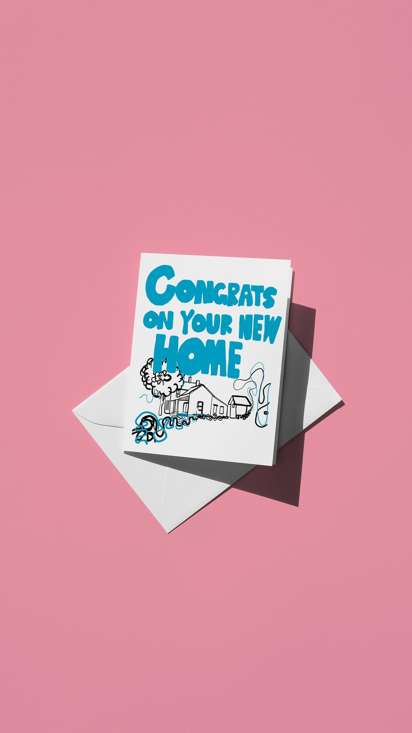 Hand-drawn illustration of a home with the message "CONGRATS ON YOUR NEW HOME"