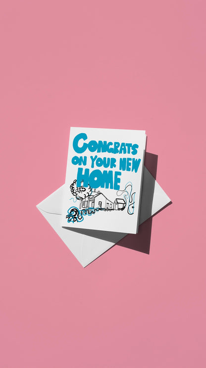 Hand-drawn illustration of a home with the message "CONGRATS ON YOUR NEW HOME"