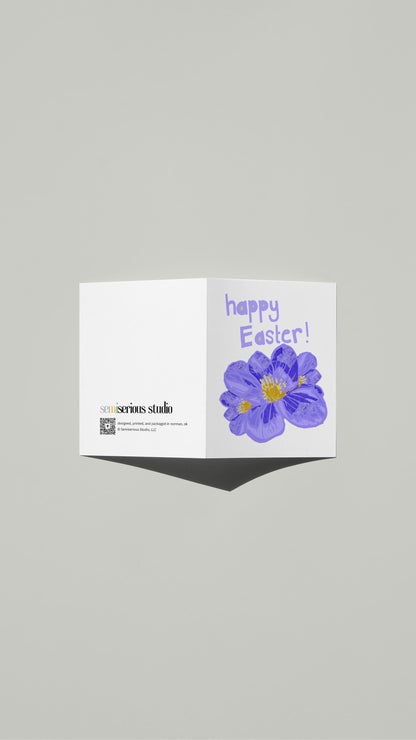 Purple Floral Easter card standing open, showing the front artwork and the Semiserious Studio logo on the back