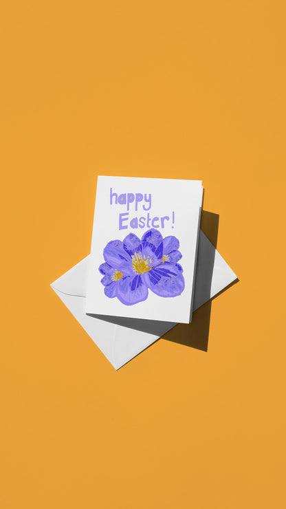 Hand-drawn illustration of a purple flower with the message "happy Easter!"