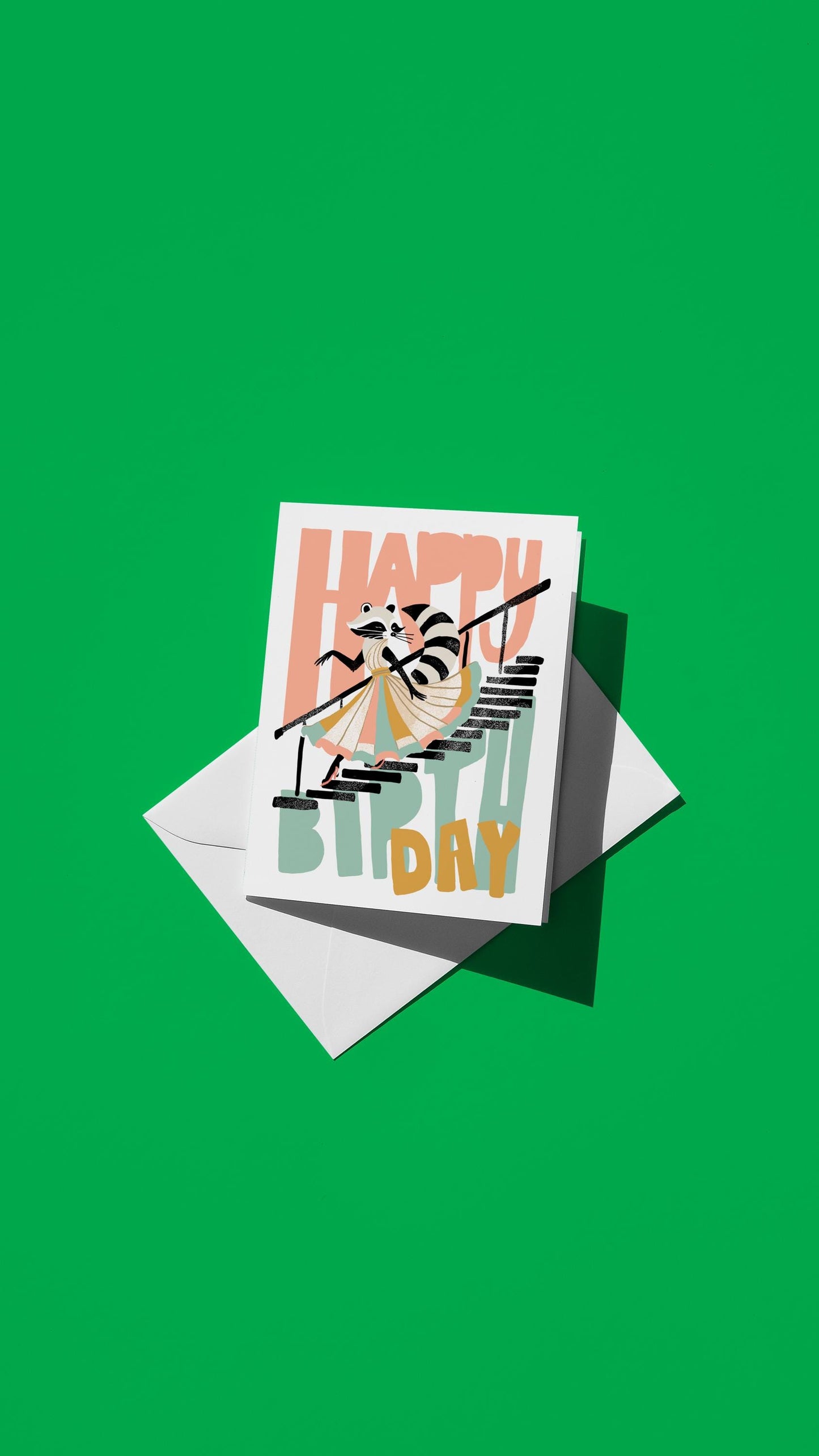 Hand-drawn illustration of a raccoon walking down a staircase in a dress and high heels with the message "HAPPY BIRTHDAY" in