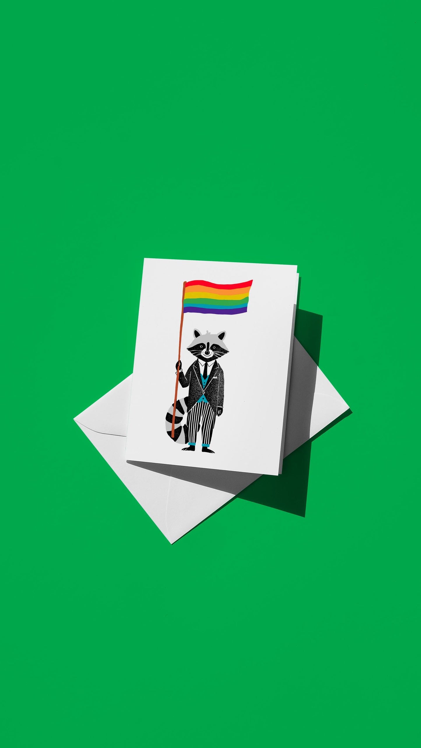Hand-drawn illustration of Rock E. Raccoon holding a rainbow flag