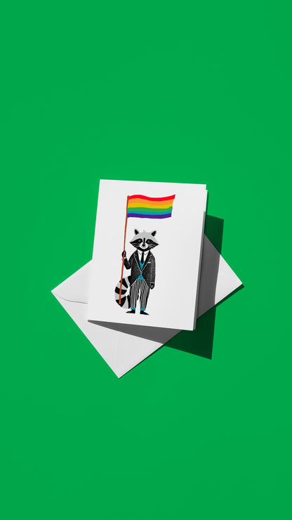 Hand-drawn illustration of Rock E. Raccoon holding a rainbow flag