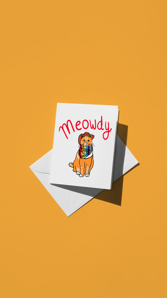 Hand-drawn illustration of Gussy the cat wearing a cowboy hat and rainbow bandanna with the message "Meowdy"