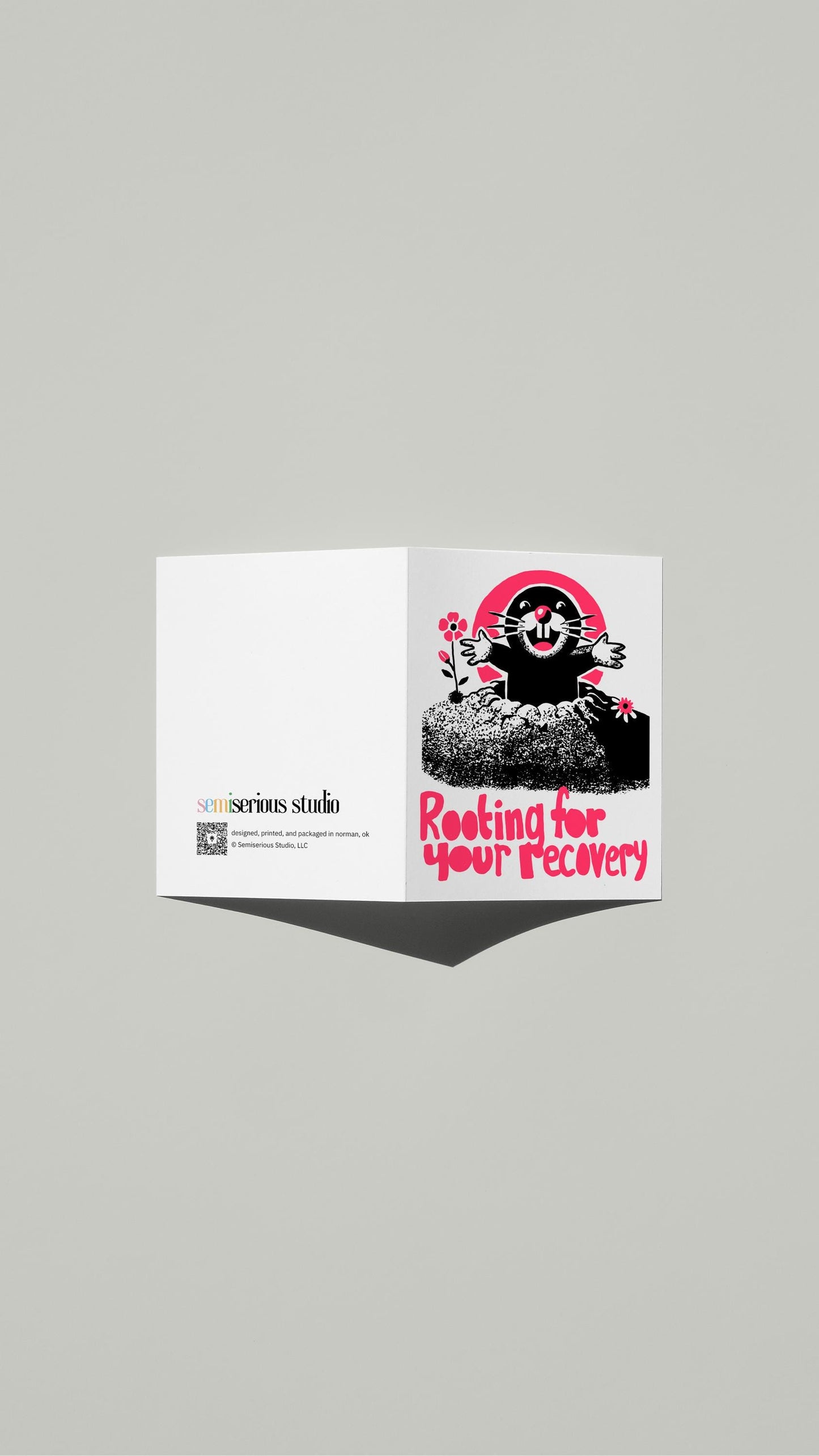 Rooting for Your Recovery Get Well card standing open, showing the front artwork and the Semiserious Studio logo on the back