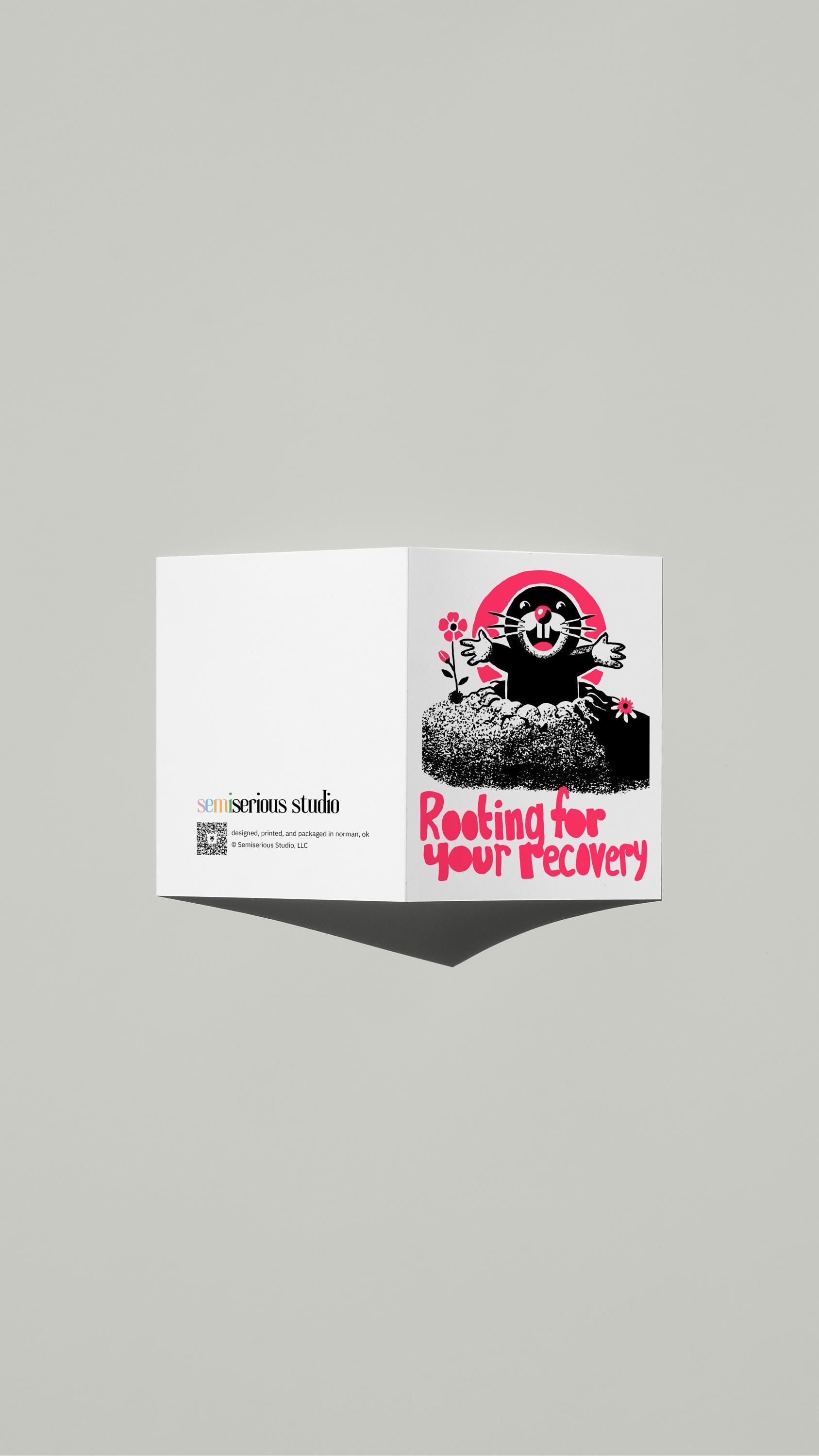 Rooting for Your Recovery Get Well card standing open, showing the front artwork and the Semiserious Studio logo on the back