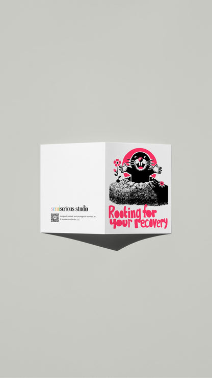 Rooting for Your Recovery Get Well card standing open, showing the front artwork and the Semiserious Studio logo on the back