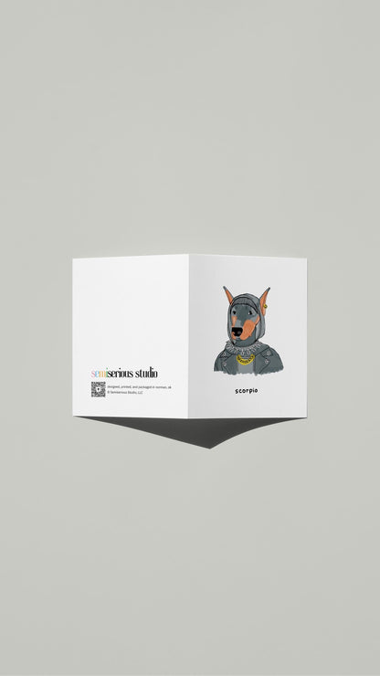 Scorpio Dobermann Birthday card standing open, showing the front artwork and the Semiserious Studio logo on the back