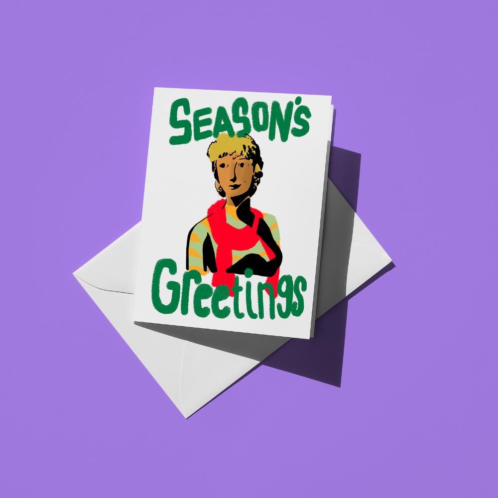 Person in red and green beneath hand-lettered green text reading "Season's greetings"