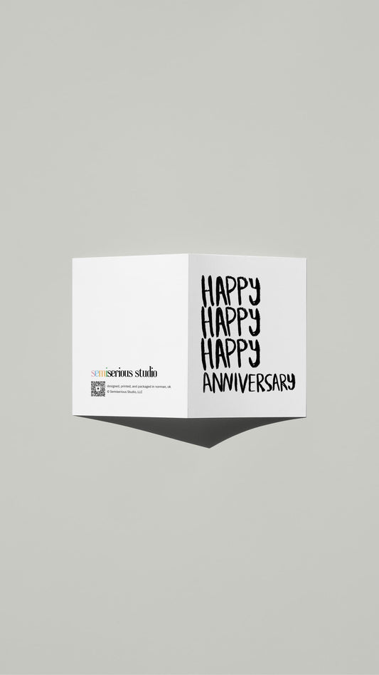 Simple Romantic Anniversary card standing open, showing the front artwork and the Semiserious Studio logo on the back