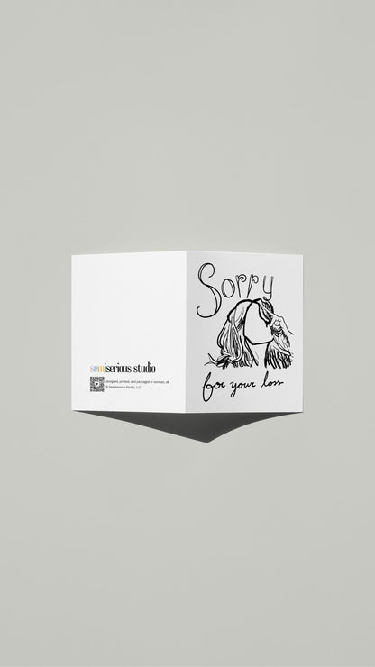 Simple Sketch Sympathy card standing open, showing the front artwork and the Semiserious Studio logo on the back