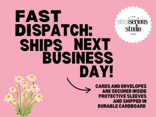Ships next business day. Cards and envelopes are secured in protective sleeves and shipped in durable cardboard.