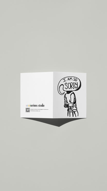Speech Bubble Apology card standing open, showing the front artwork and the Semiserious Studio logo on the back