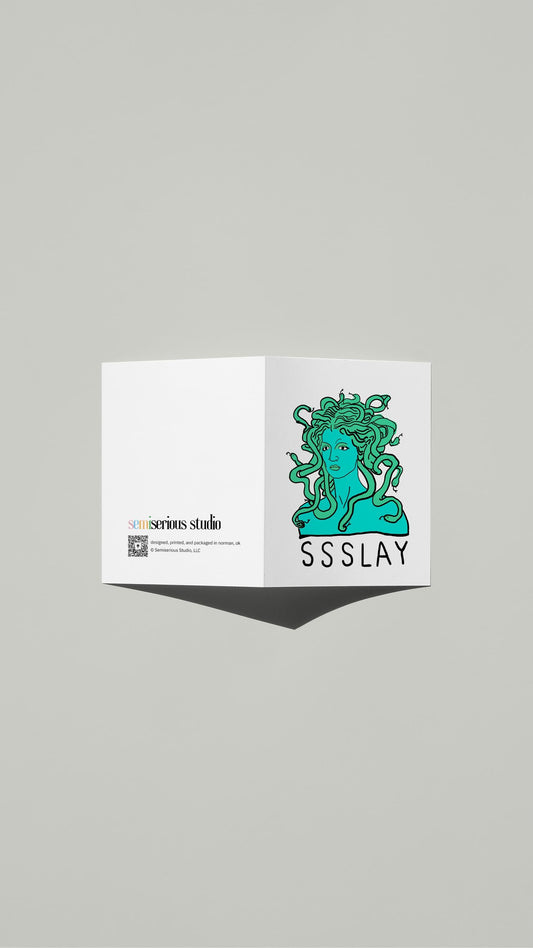 SSSLAY Medusa card standing open, showing the front artwork and the Semiserious Studio logo on the back