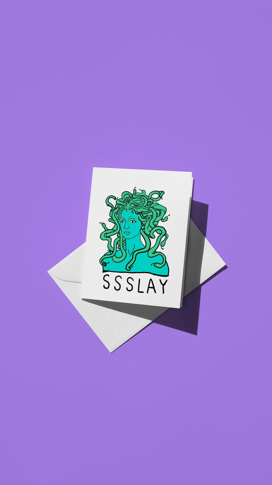 Hand-drawn illustration of Medusa with the message "SSSLAY"