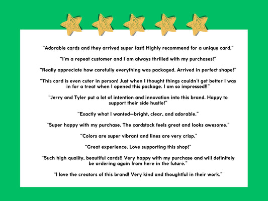Five-star customer reviews for Semiserious Studio greeting cards