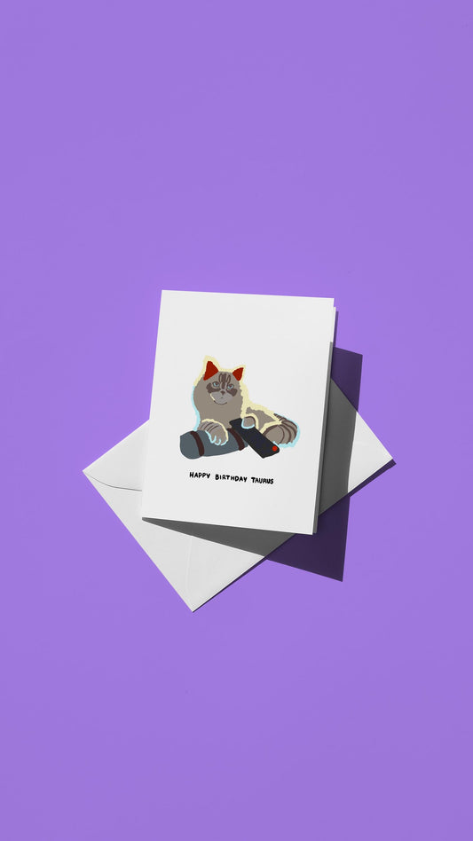 Hand-drawn illustration of a gray cat lying on a sofa watching tv while holding a remote with the message "HAPPY BIRTHDAY
