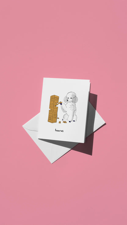 Hand-drawn illustration of a fluffy white poodle playing Jenga with the message "taurus"