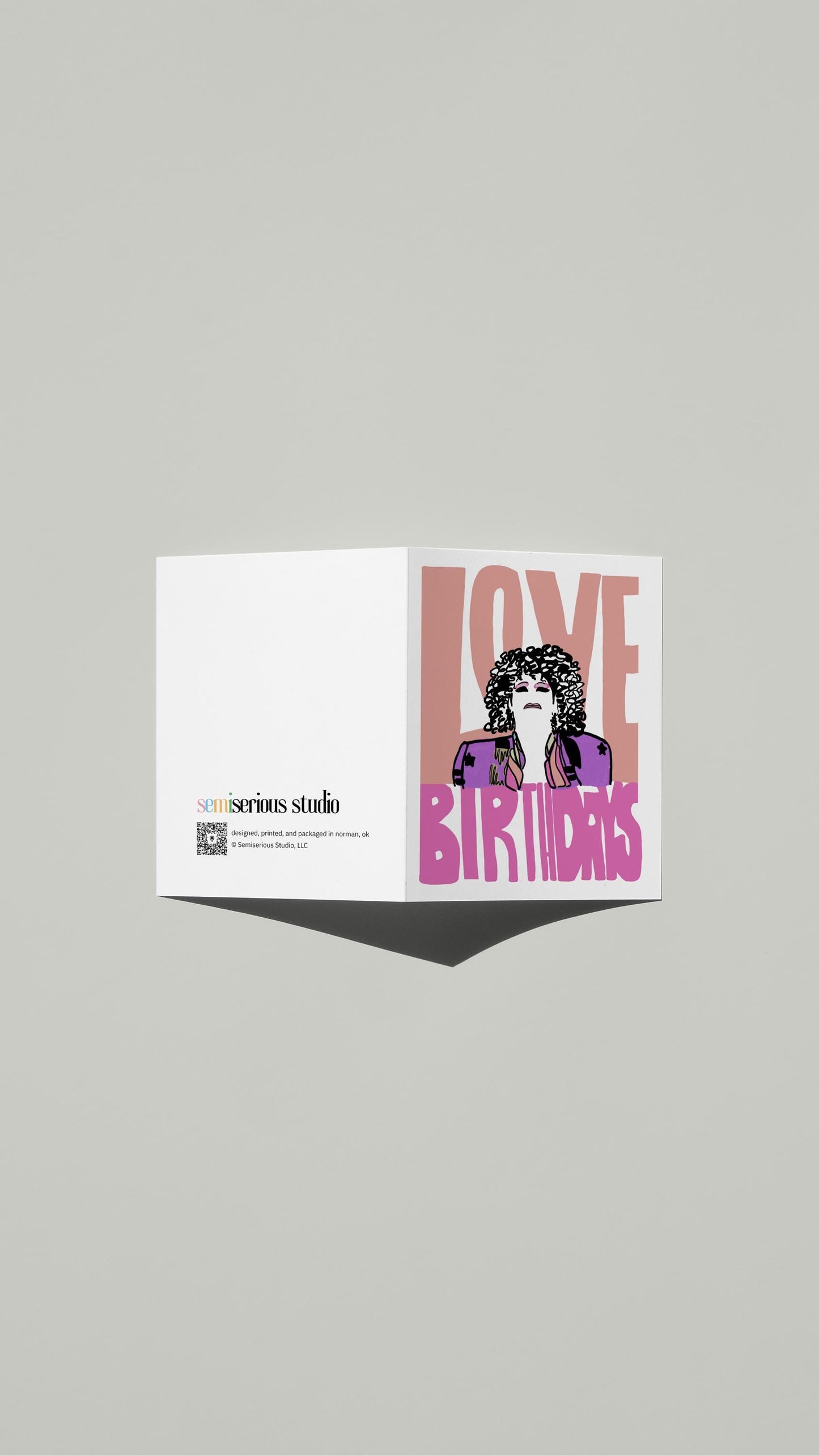 Thorgy Thor Drag Queen Birthday card standing open, showing the front artwork and the Semiserious Studio logo on the back