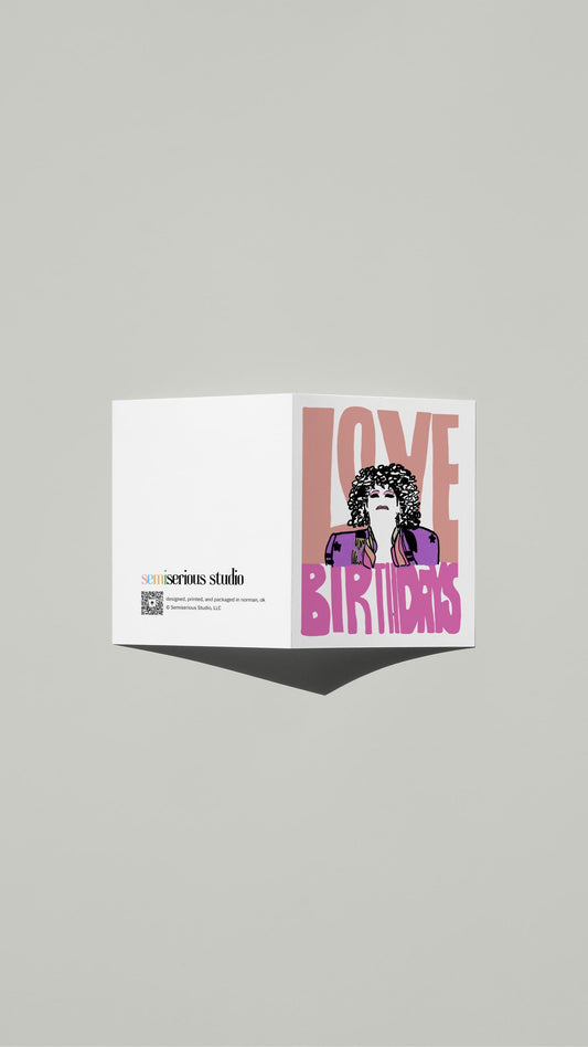 Thorgy Thor Drag Queen Birthday card standing open, showing the front artwork and the Semiserious Studio logo on the back