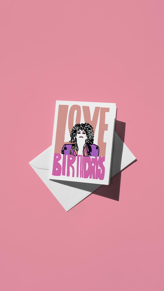 Hand-drawn illustration of drag queen Thorgy Thor with the message "LOVE BIRTHDAYS"