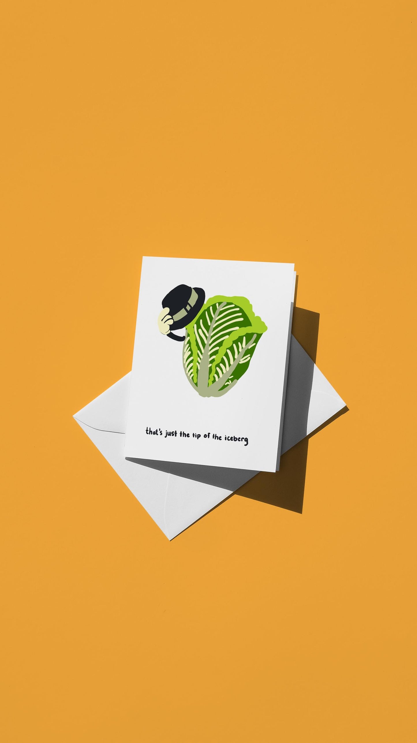 Hand-drawn illustration of a head of iceberg lettuce tipping a fedora with the message "that's just the tip of the iceberg"