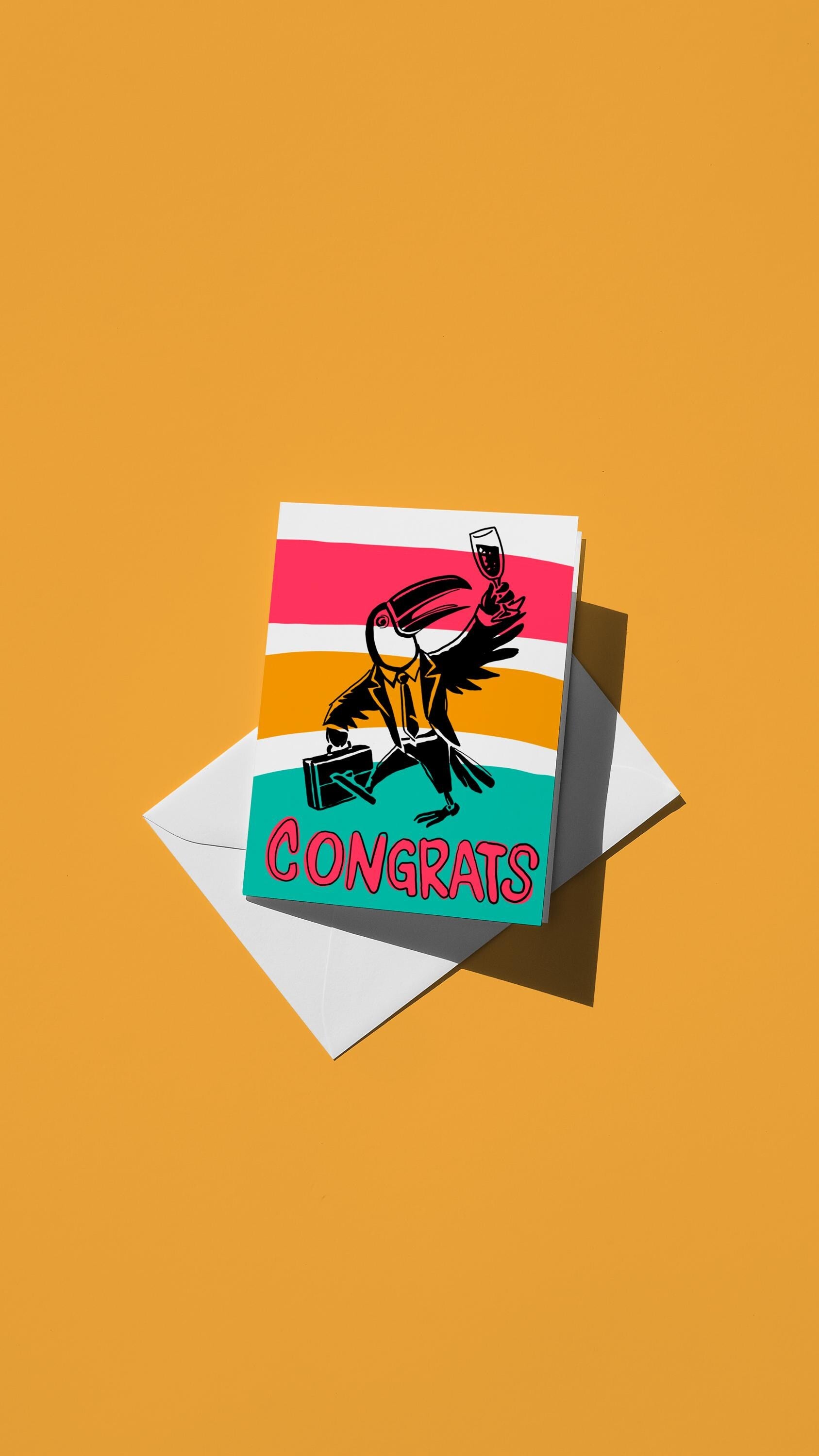 Hand-drawn illustration of a toucan in a suit, carrying a briefcase, and raising a glass with the message "CONGRATS"