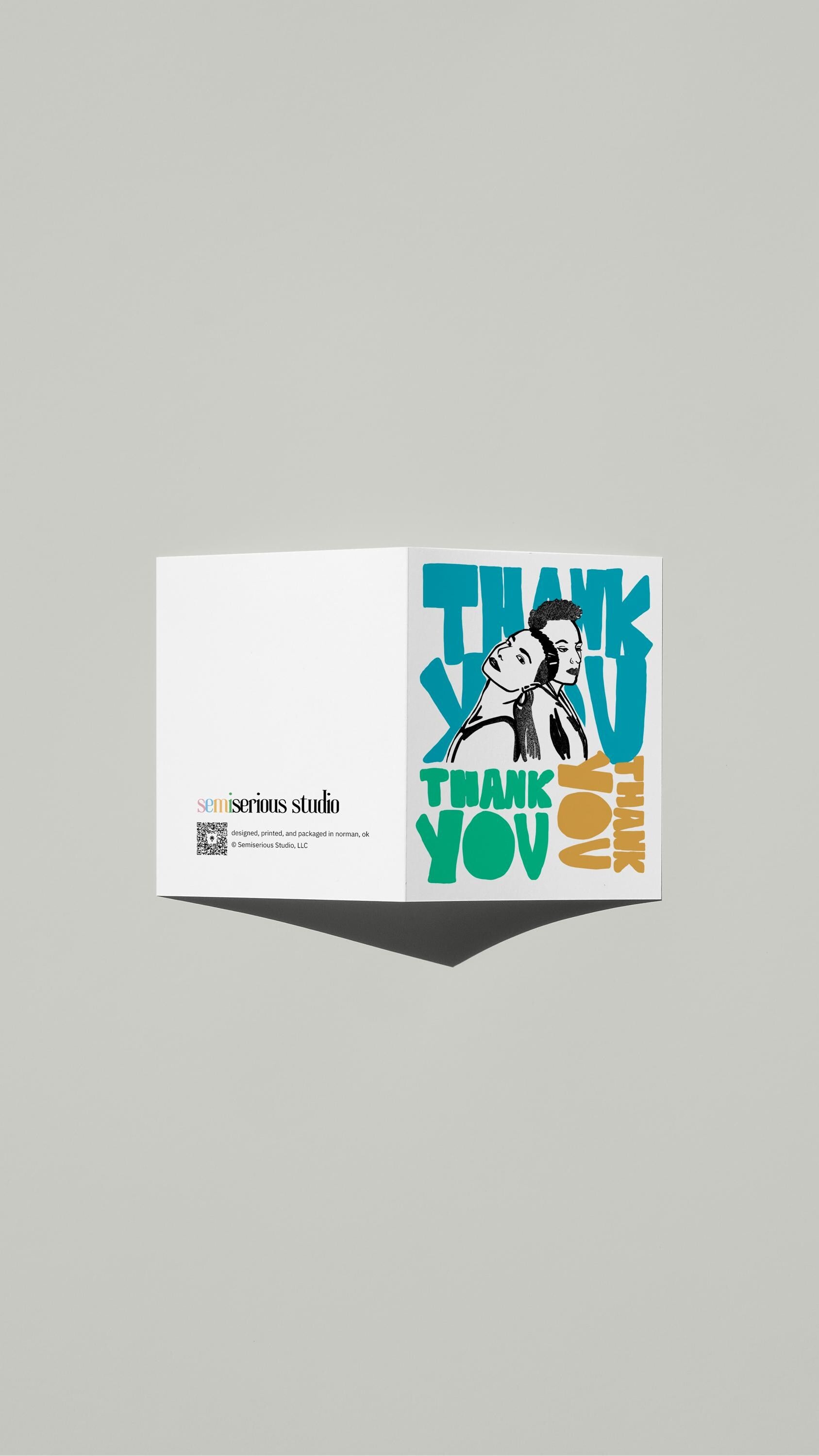 Two Friends Thank You card standing open, showing the front artwork and the Semiserious Studio logo on the back