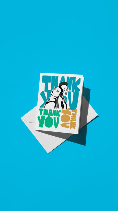 Hand-drawn illustration of two friends with the message "THANK YOU THANK YOU THANK YOU" in bright colors