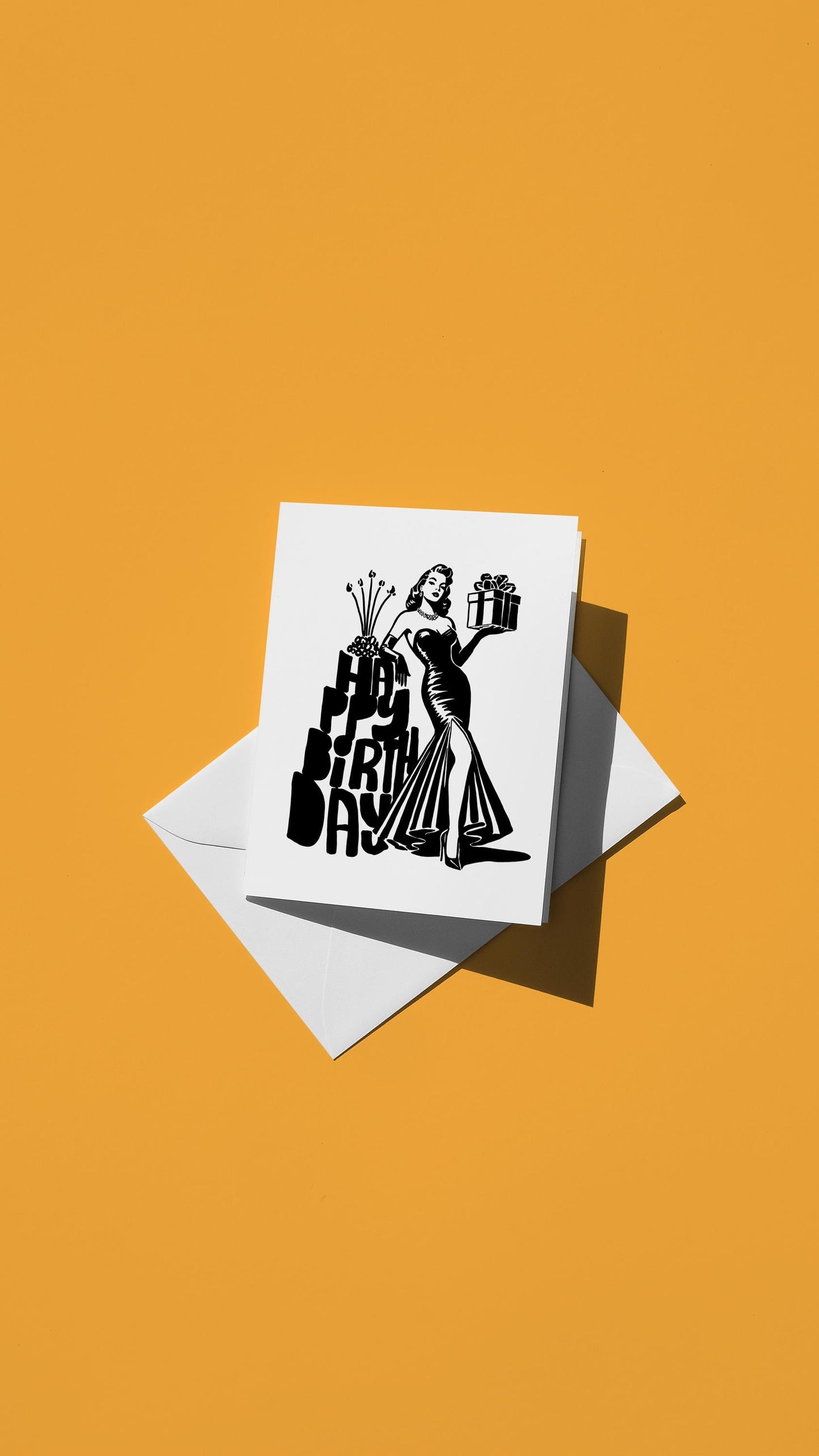 Hand-drawn illustration of a woman holding a wrapped gift with the message "HAPPY BIRTHDAY" in the shape of a birthday cake