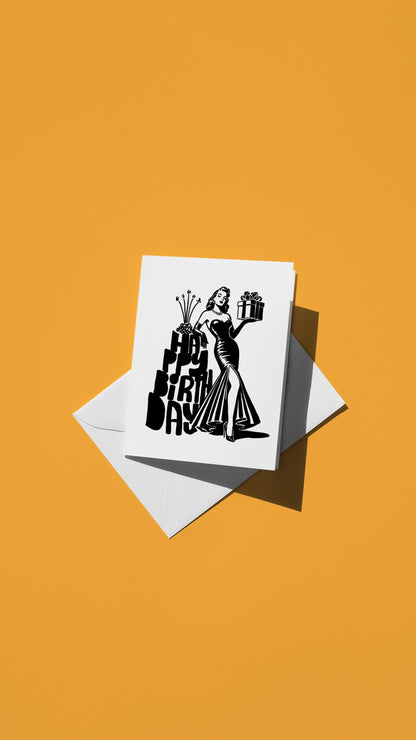 Hand-drawn illustration of a woman holding a wrapped gift with the message "HAPPY BIRTHDAY" in the shape of a birthday cake