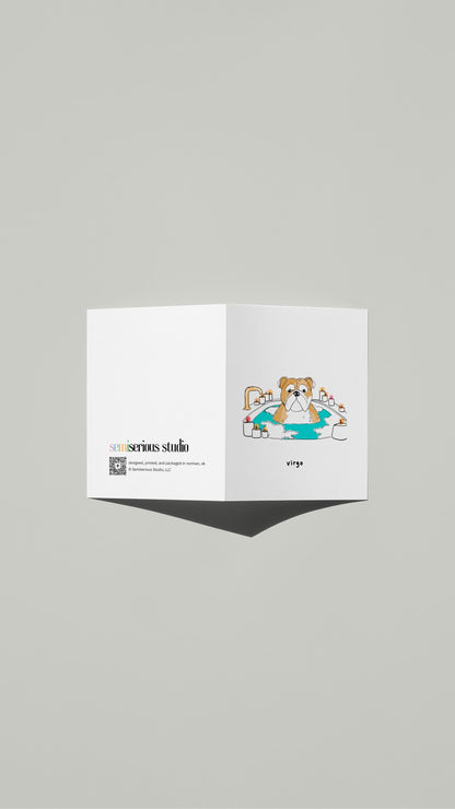 Virgo Bulldog Self-Care Birthday card standing open, showing the front artwork and the Semiserious Studio logo on the back