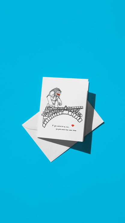Hand-drawn illustration of a lipstick-wearing troll guarding a bridge with the message "if you wanna be my lover, you gotta