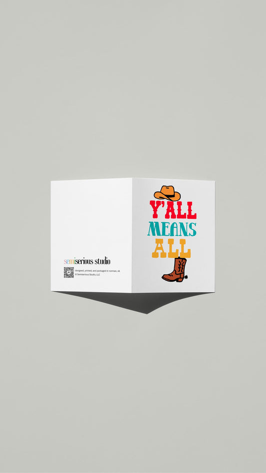 Western Y'all Means All Pride card standing open, showing the front artwork and the Semiserious Studio logo on the back