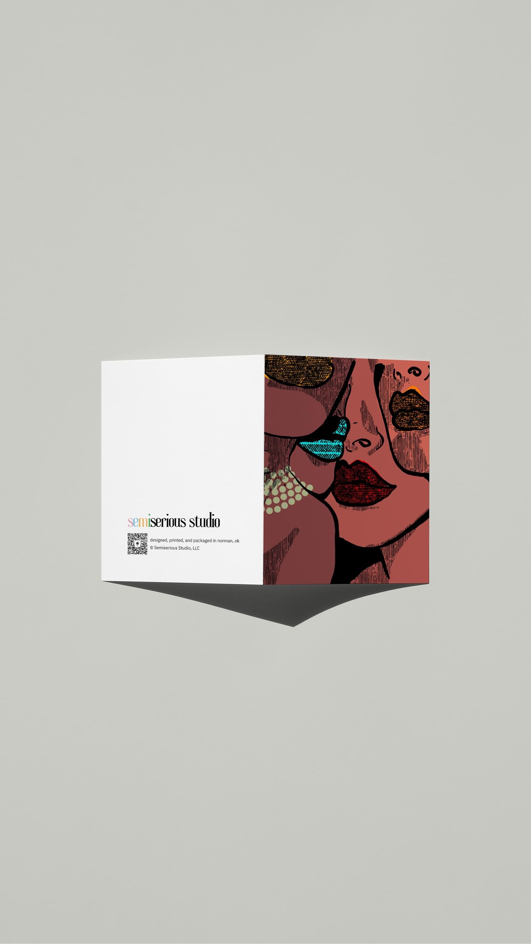 Women with Lipstick & Pearls card standing open, showing the front artwork and the Semiserious Studio logo on the back