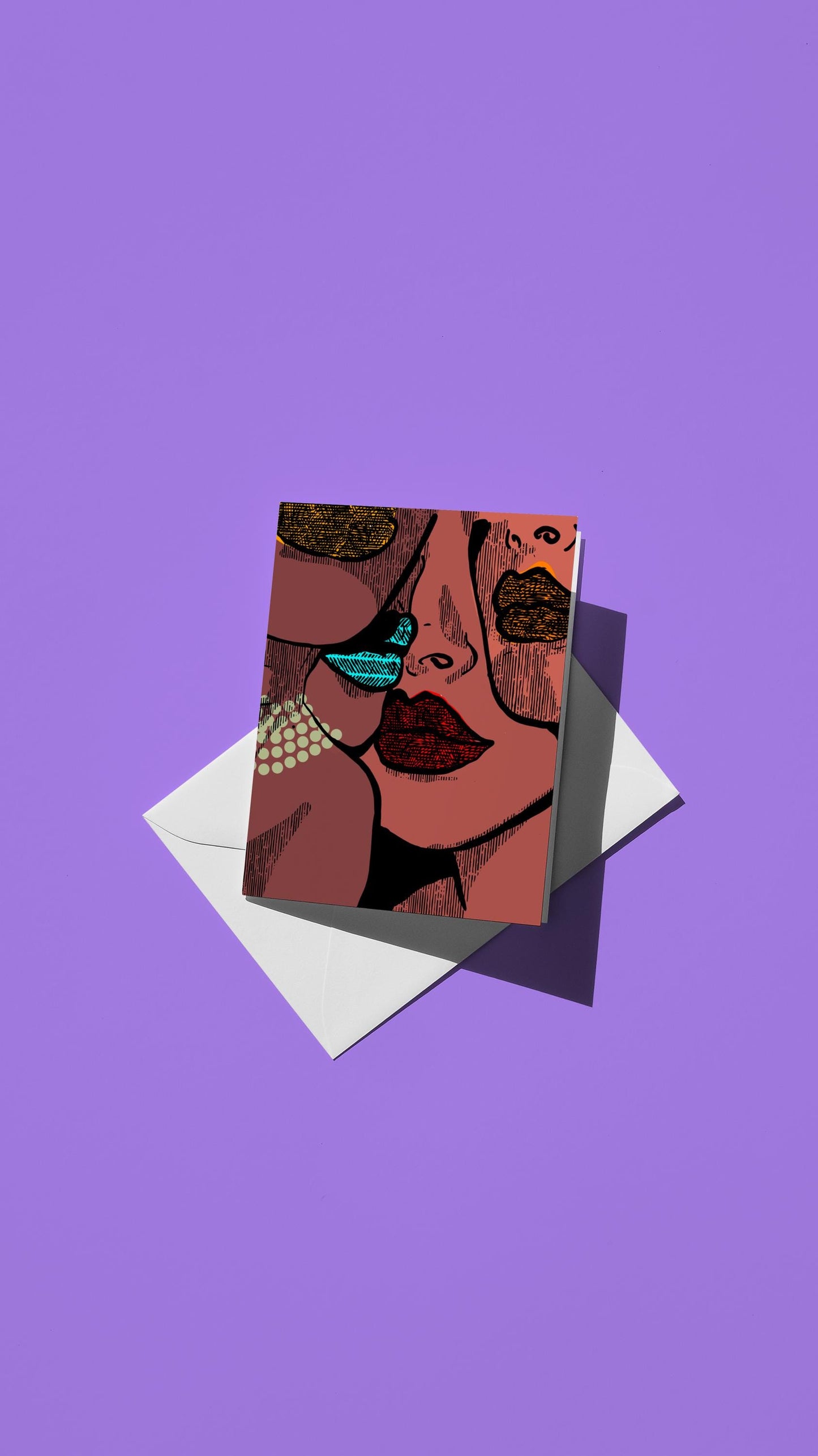 Hand-drawn illustration of four women with vibrant lipstick and a pearl necklace
