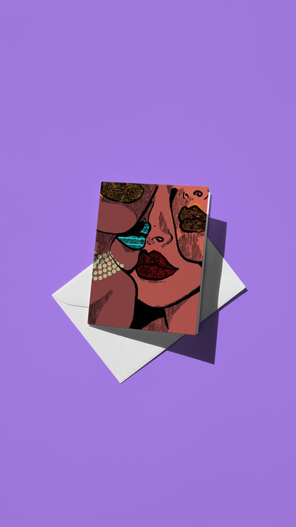 Hand-drawn illustration of four women with vibrant lipstick and a pearl necklace