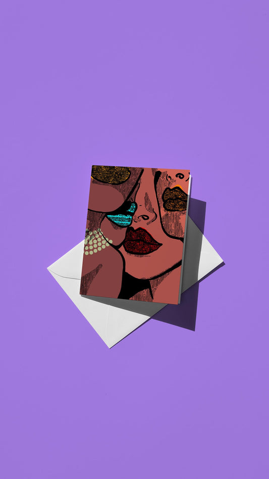 Hand-drawn illustration of four women with vibrant lipstick and a pearl necklace